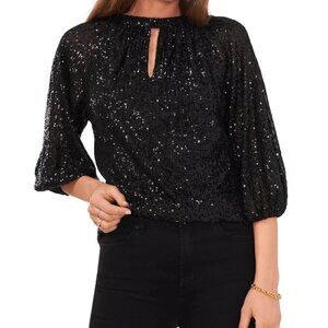 Vince Camuto Raglan Sleeve Sequin Top M Rich Black Round Neck Pullover Party